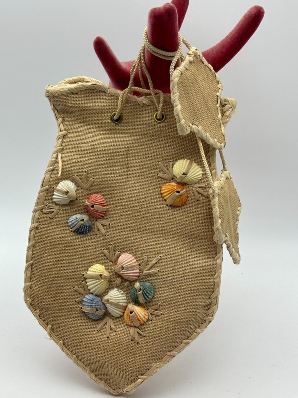 1950-60s Japanese Hand Woven Straw-Sea Shell Draw String Pouch